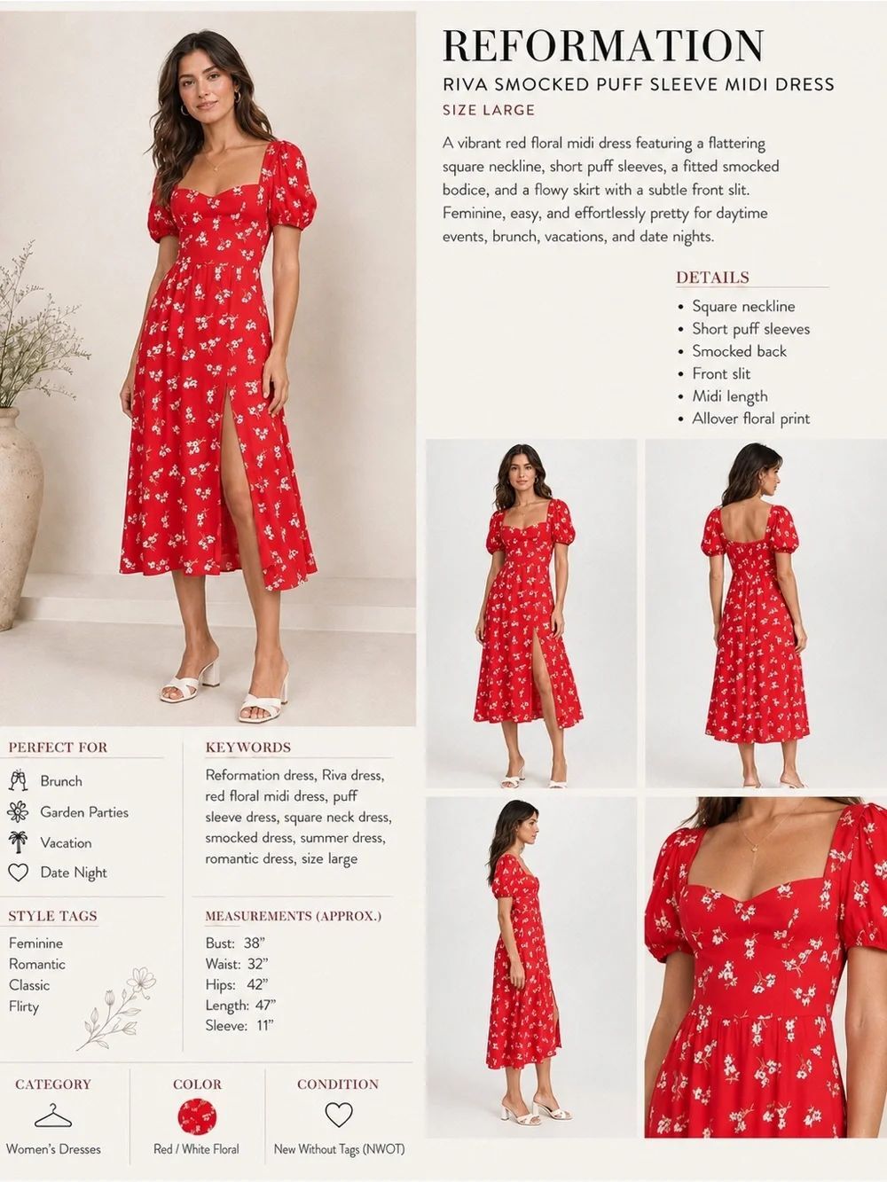 Reformation Riva Smocked Puff Sleeve Red Floral Midi Dress Size Large